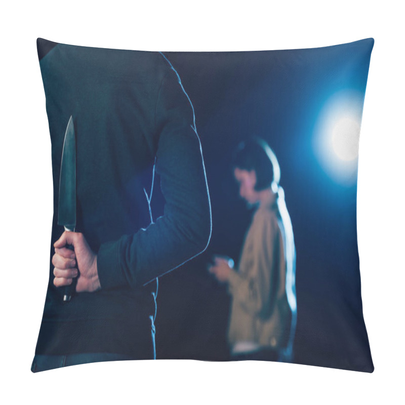 Personality  Cropped View Of Murderer Hiding Knife Behind Back On Black Pillow Covers