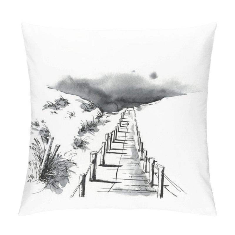 Personality  Pathway To The Beach In Sand Dunes Ink Illustration Pillow Covers