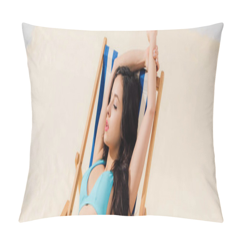 Personality  Panoramic Shot Of Beautiful Girl In Bikini Relaxing On Deck Chair On Beach Pillow Covers