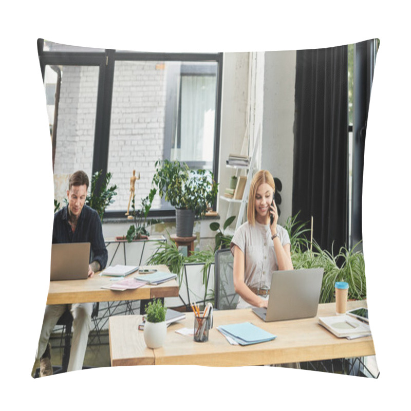 Personality  Two Coworkers Are Engaged In Tasks At Their Desks, Focused And Surrounded By Greenery. Pillow Covers