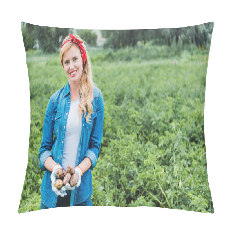 Personality  Smiling Attractive Farmer Holding Ripe Potatoes In Field At Farm And Looking At Camera Pillow Covers