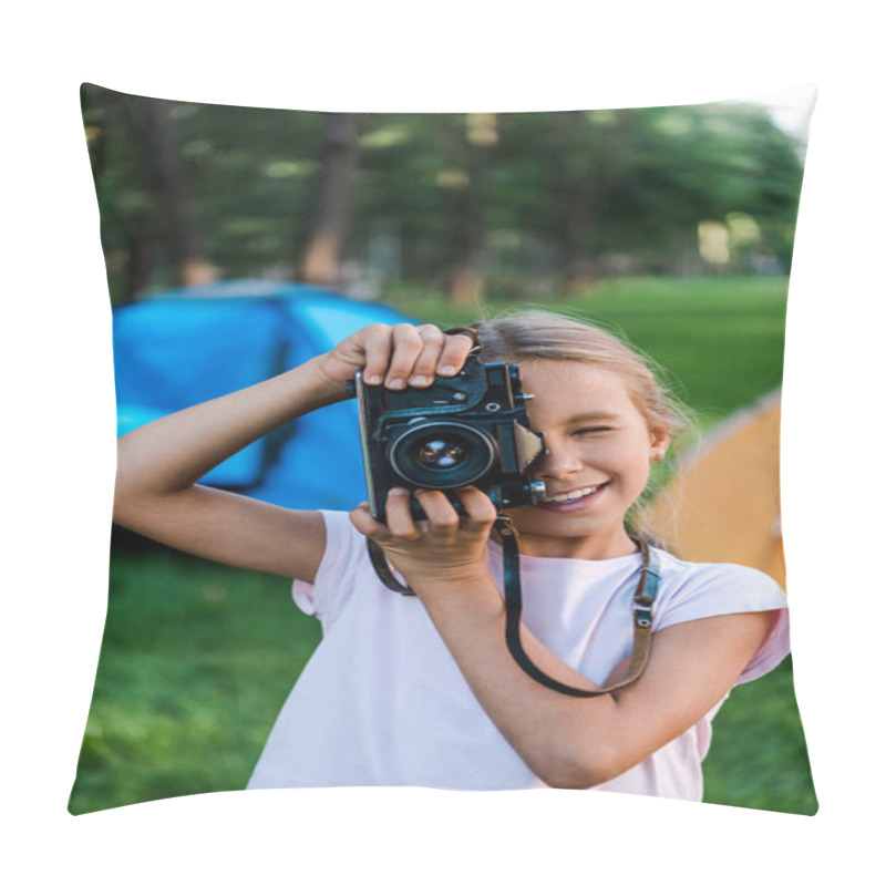 Personality  Happy Kid Holding Digital Camera While Taking Photo Near Camps  Pillow Covers