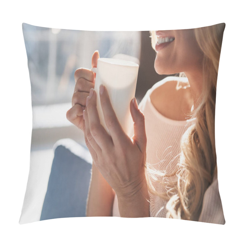 Personality  Partial View Of Young Woman Holding Tea Cup And Smiling At Home Pillow Covers