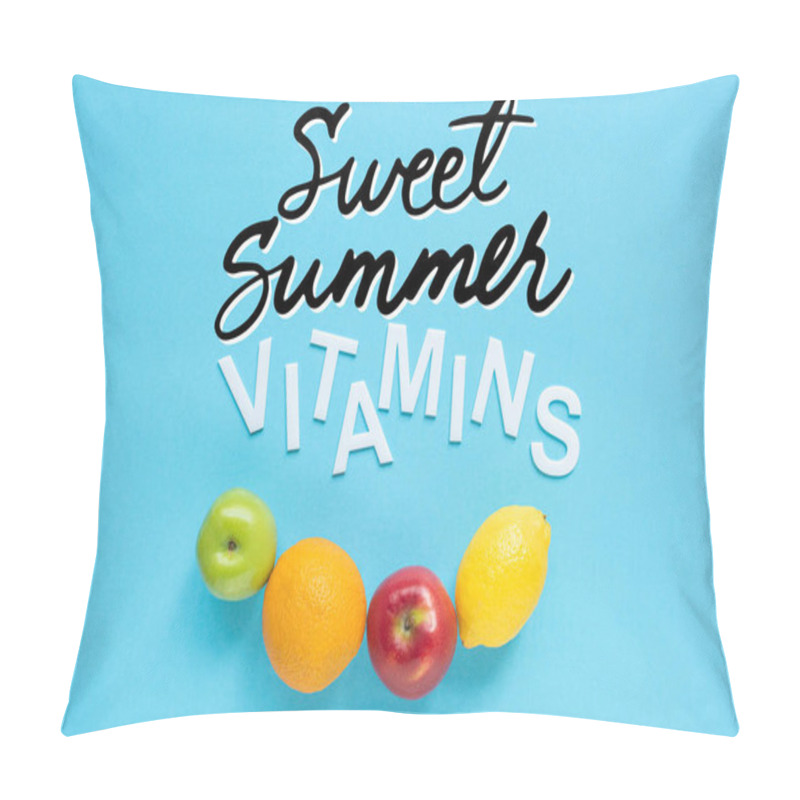 Personality  Top View Of Ripe Fruits And Word Vitamins On Blue Background, Sweet Summer Illustration Pillow Covers