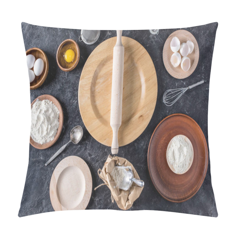 Personality  Flat Lay With Rolling Pin, Wooden Plates And Bakery Ingredients On Dark Surface Pillow Covers