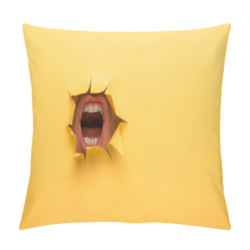 Personality  Cropped View Of Open Mouth In Yellow Paper Hole  Pillow Covers