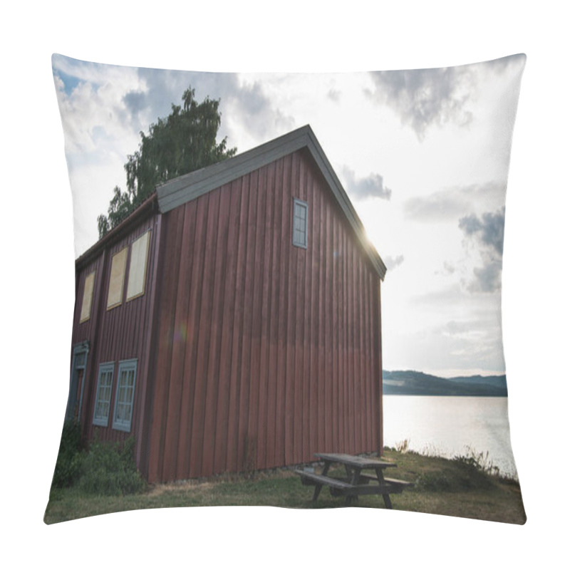 Personality  Scenic View Of Red Building Near Lake, Hamar, Hedmark, Norway Pillow Covers