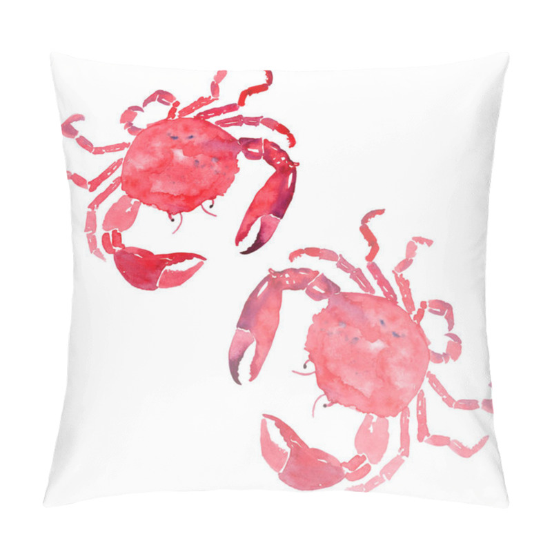 Personality  Colorful Bright Beautiful Lovely Summer Sea Tasty Delicious Pattern Of Two Red Crabs Watercolor Hand Illustration. Perfect For Restaurant Menu, Greetings Card And Textile Pillow Covers