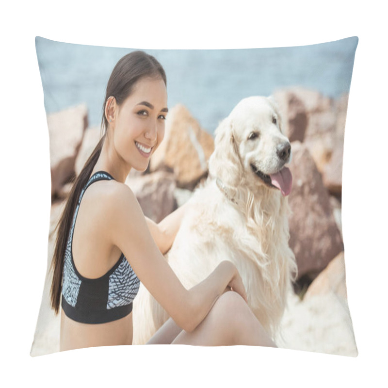 Personality  Selective Focus Of Smiling Asian Woman Sitting With Golden Retriever On Beach  Pillow Covers