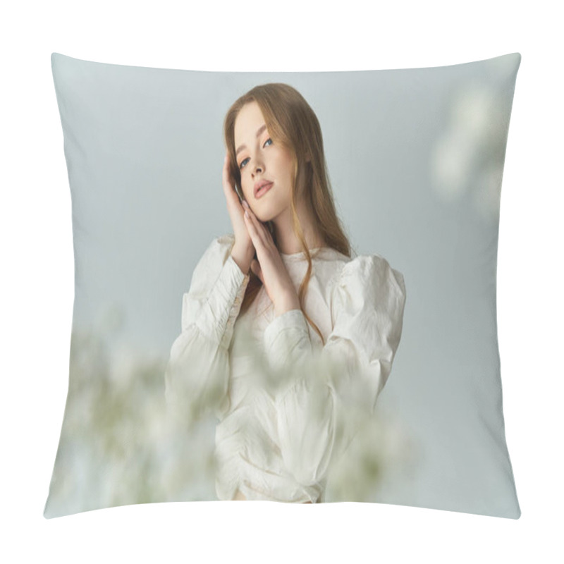 Personality  A Beautiful Young Woman With Flowers Delicately Framing Her Thoughtful Expression. Pillow Covers