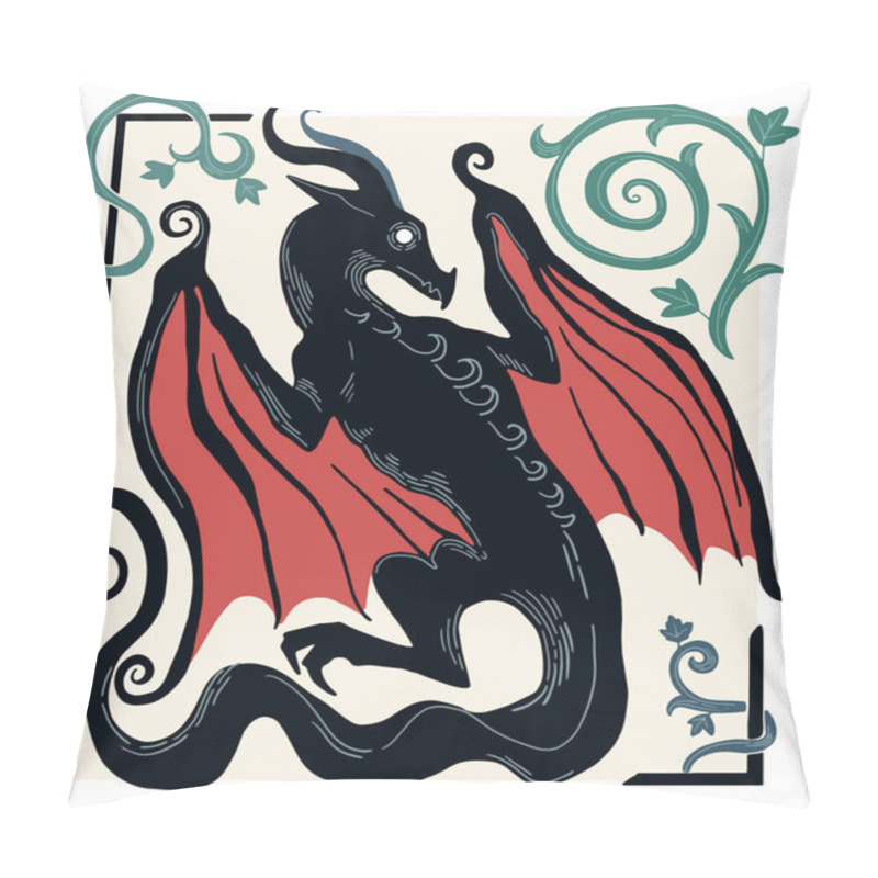 Personality  Illustration In Medieval Gravure Style, Dragon, Fantasy Illustration Pillow Covers