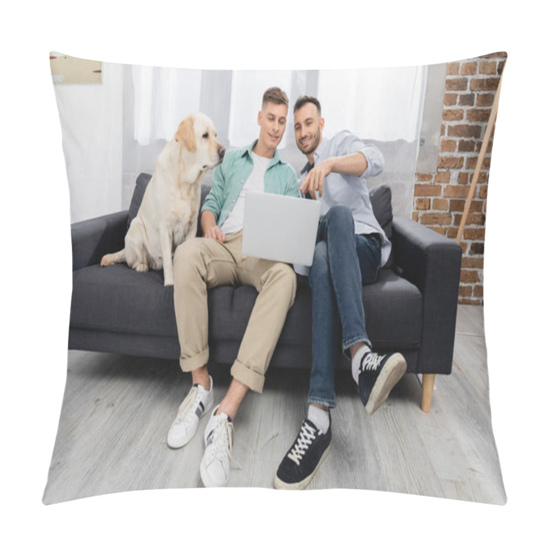 Personality  Cheerful Same Sex Couple Watching Movie On Laptop Near Labrador In Living Room Pillow Covers