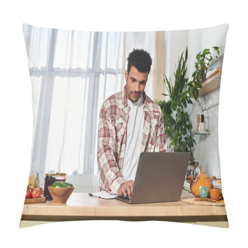 Personality  Young Man Focuses On His Laptop While Preparing Healthy Food In A Stylish Kitchen. Pillow Covers