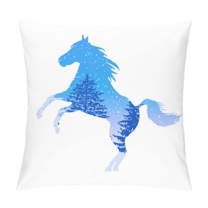 Personality  Silhouette Of Horse With Panorama Of Mountains. Winter. Snowing.  Pillow Covers