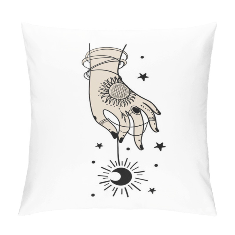 Personality  Witch Holding With Hand Amulet With Crescent Moon, Simple Boho Tattoo Hand Drawing, Modern Vintage Design. Magic Symbol For Witchcraft, Astrology, Palmistry. Vector Illustration Isolated On A White Pillow Covers