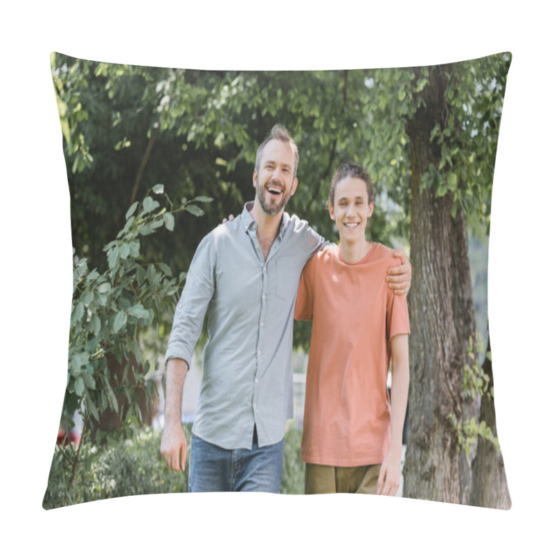 Personality  Cheerful Father With Beard Hugging Overjoyed Teenager Son While Walking In Green Park  Pillow Covers