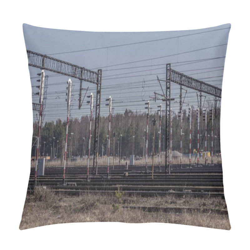 Personality  A Fragment Of The Railway Infrastructure In Tarnowskie Gory, A City In The North Of Upper Silesia With The Largest Railway Junction And A Hump In Poland, Wheel Sets For Wagons On Tracks. Pillow Covers