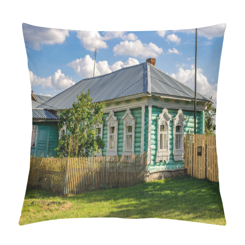 Personality  Timashovo, Russia - August 2018: Old Village Log House With Beautiful Carved Platbands. Zhukovsky District, Kaluzhskiy Region Pillow Covers