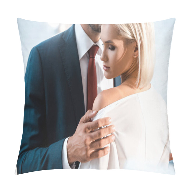 Personality  Cropped View Of Man Touching Shoulder Of Attractive Woman In Office  Pillow Covers