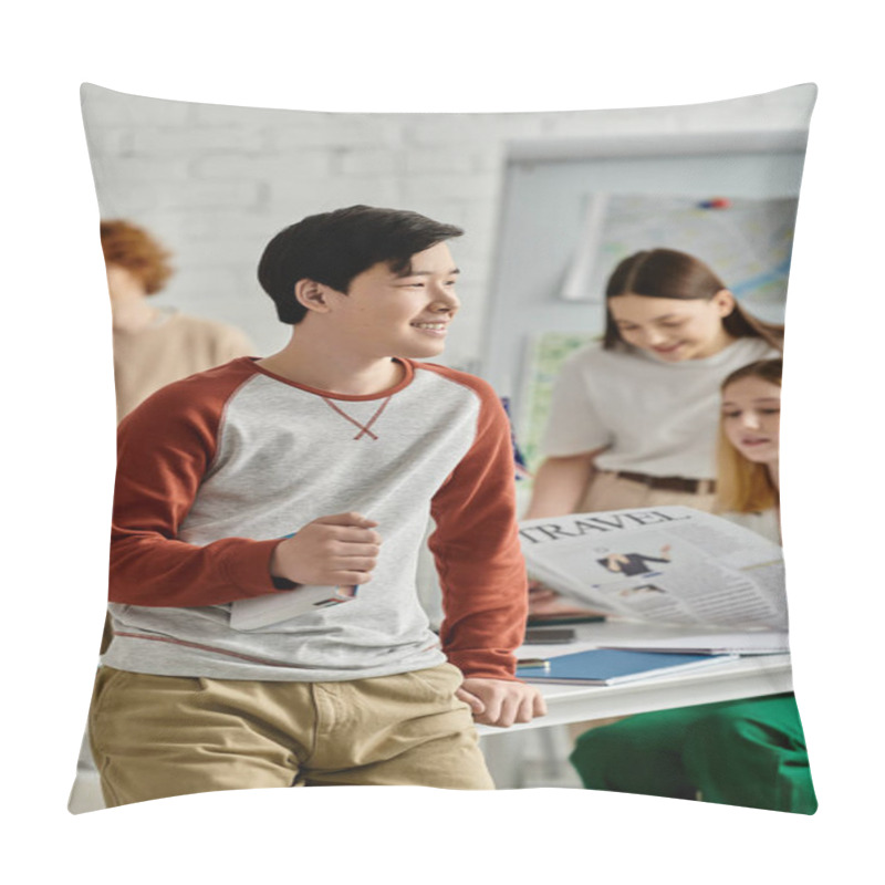 Personality  A Teenage Boy Smiles While Standing In A Classroom During A Model United Nations Conference. Pillow Covers