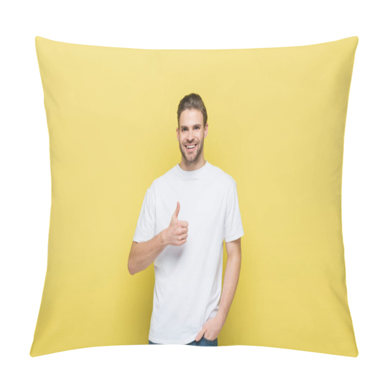 Personality  Smiling Man With Hand In Pocket Showing Like On Yellow Pillow Covers