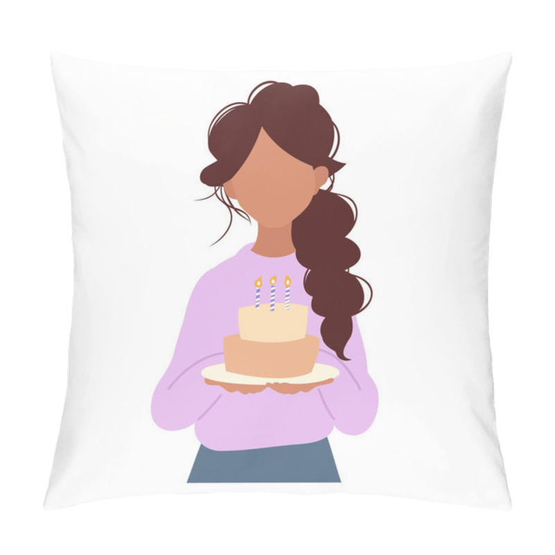 Personality  Birthday Celebration, Illustration Of Woman Holding Cake. Vector Illustration Pillow Covers