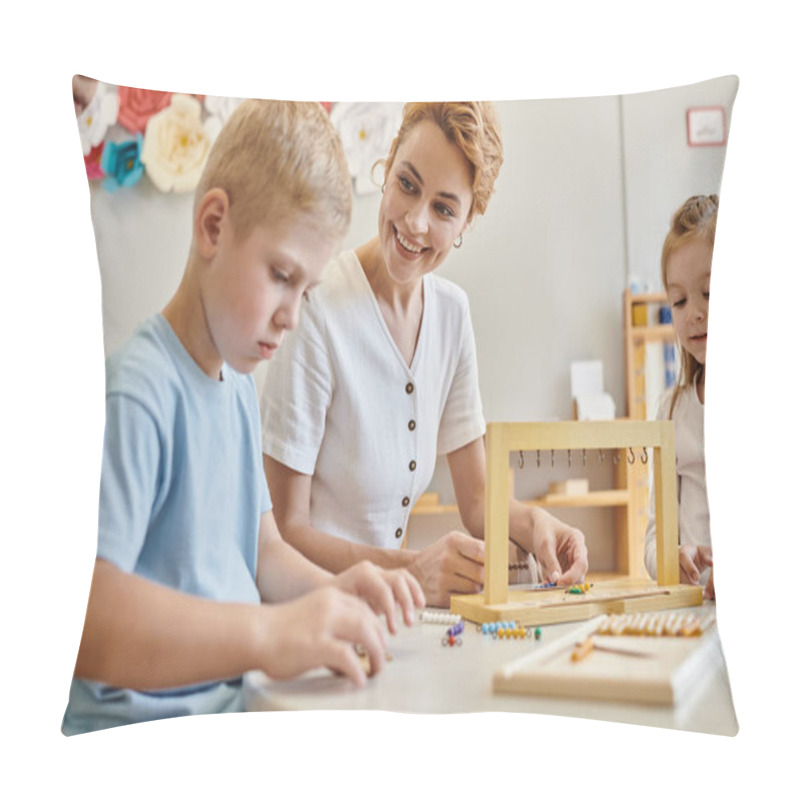 Personality  Montessori Materials, Happy Female Teacher Observing Concentrated Boy Near Children During Class Pillow Covers