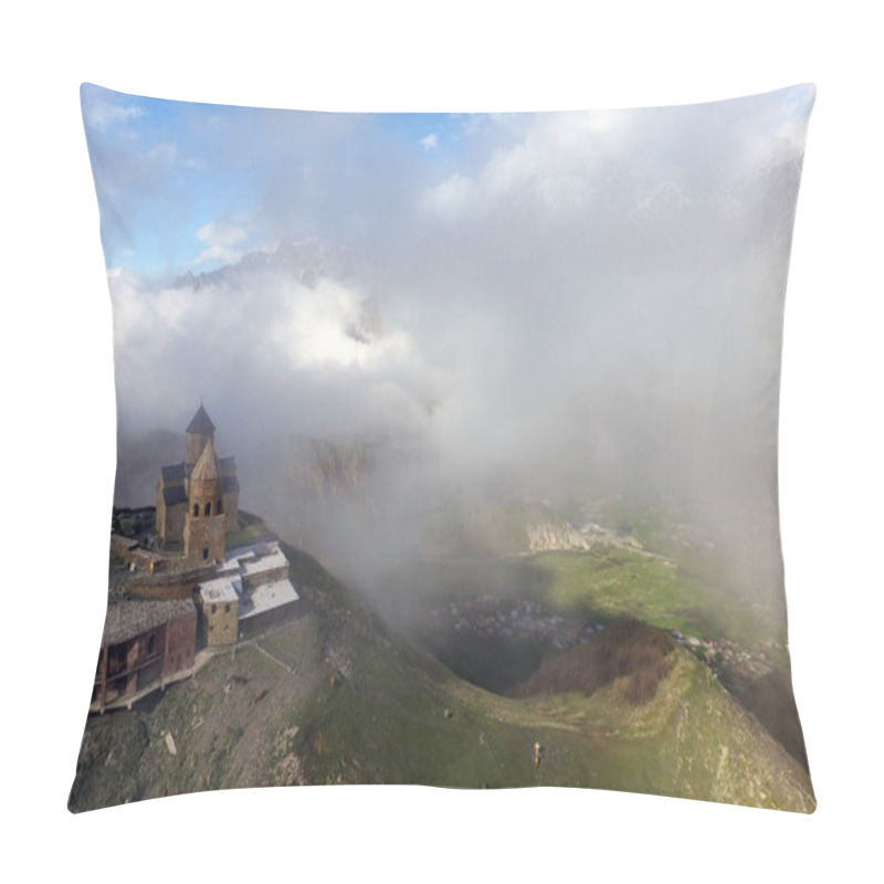 Personality  Ancient Gergeti Trinity Church High In The Caucasus Mountains, Aerial View. Georgia Pillow Covers