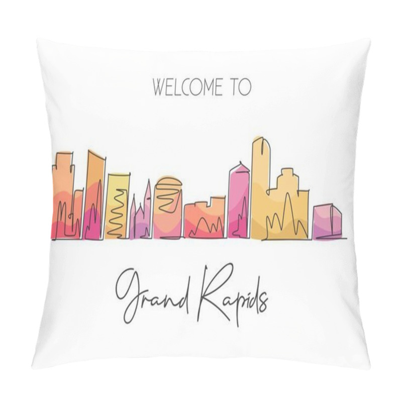 Personality  One Single Line Drawing Visit Grand Rapids City Skyline, Michigan. World Beauty Town Landscape. Best Holiday Destination. Editable Stroke Trendy Continuous Graphic Line Draw Design Vector Illustration Pillow Covers