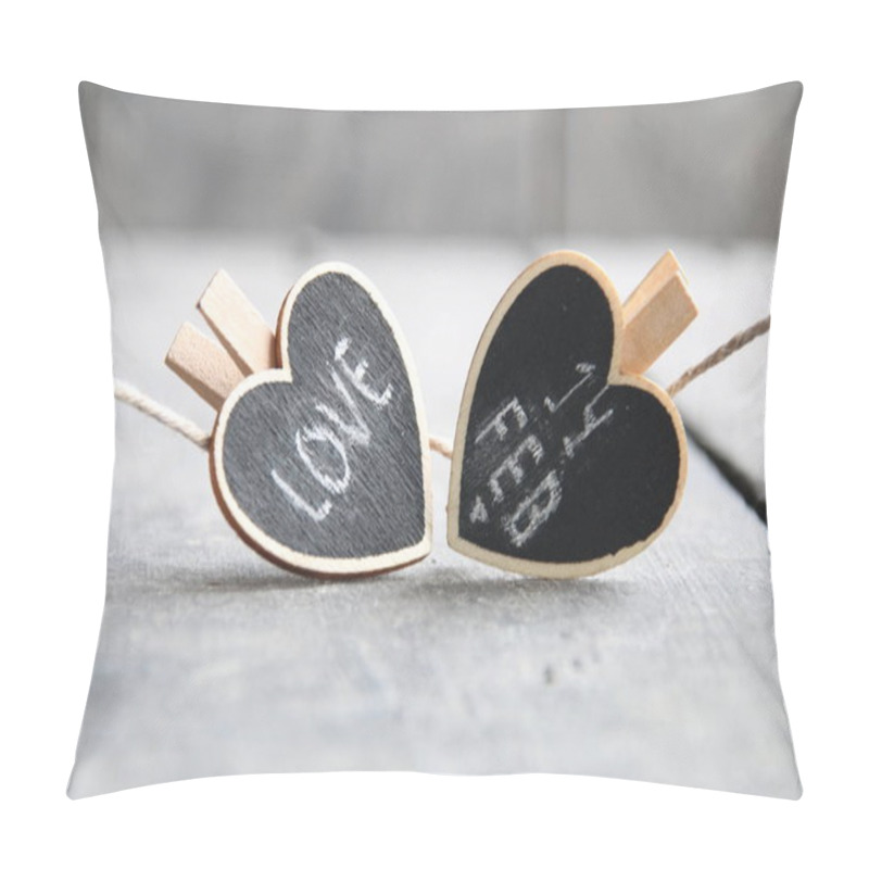 Personality  St Valentines Day Idea. 14th Of February And Love Inscriptions On The Two Hearts. Pillow Covers