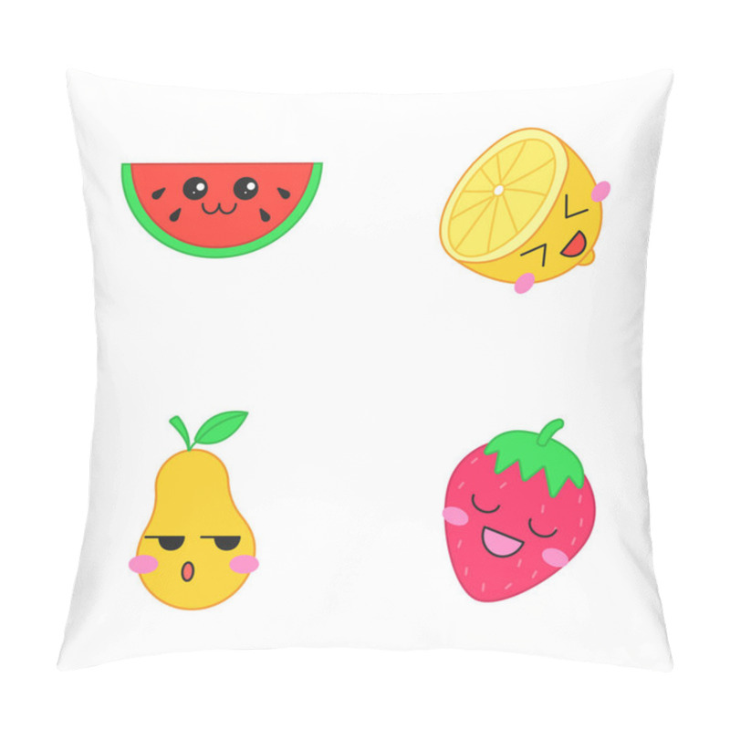 Personality  Fruits Cute Kawaii Vector Characters. Berries With Smiling Face. Funny Emoji, Emoticon, Smiling. Happy Watermelon, Lemon, Strawberry. Serious Pear. Laughing Food. Isolated Cartoon Color Illustration Pillow Covers