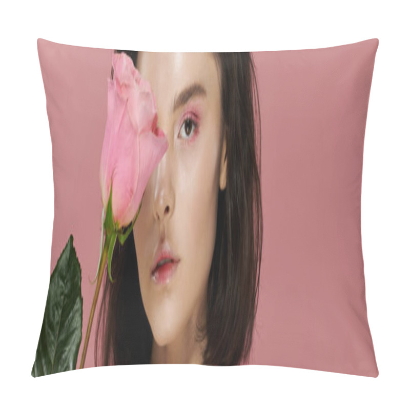 Personality  A Woman With Dark Hair Poses In Front Of A Pink Backdrop, A Single Pink Rose Obscuring One Eye. Pillow Covers