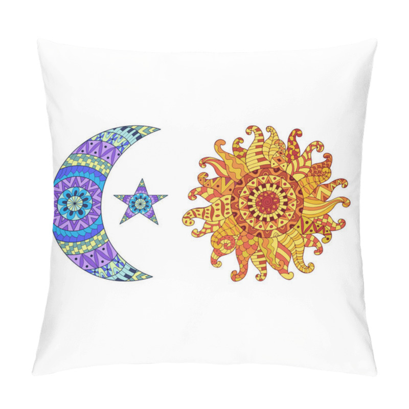 Personality  Zentangle Sun, New Moon And Star Vector Symbols. Pillow Covers