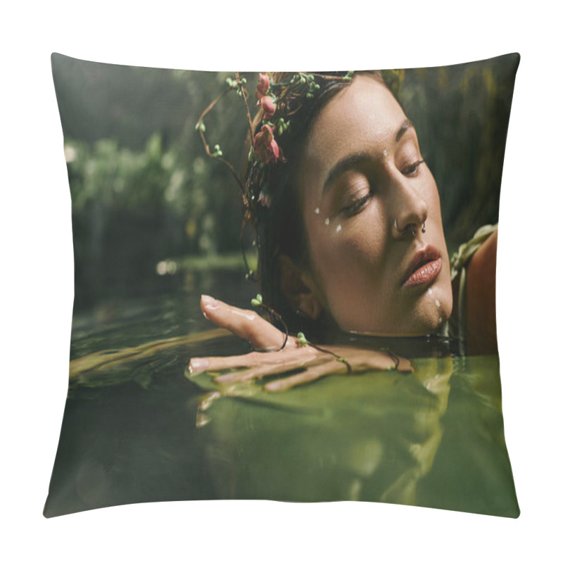 Personality  A Woman With Flowers In Her Hair Lies Peacefully In A Swamp, Her Eyes Closed. Pillow Covers