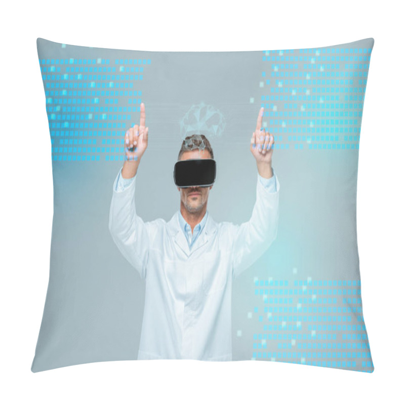 Personality  Scientist In Virtual Reality Headset Touching Medical Interface With Brain Isolated On Grey, Artificial Intelligence Concept Pillow Covers