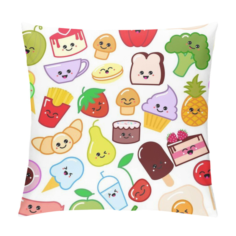 Personality  Cute Funny Sweet Seamless Pattern Smiley Food In Vector Character Happy Tasty Cartoon Foody Illustration Isolated On White. Pillow Covers