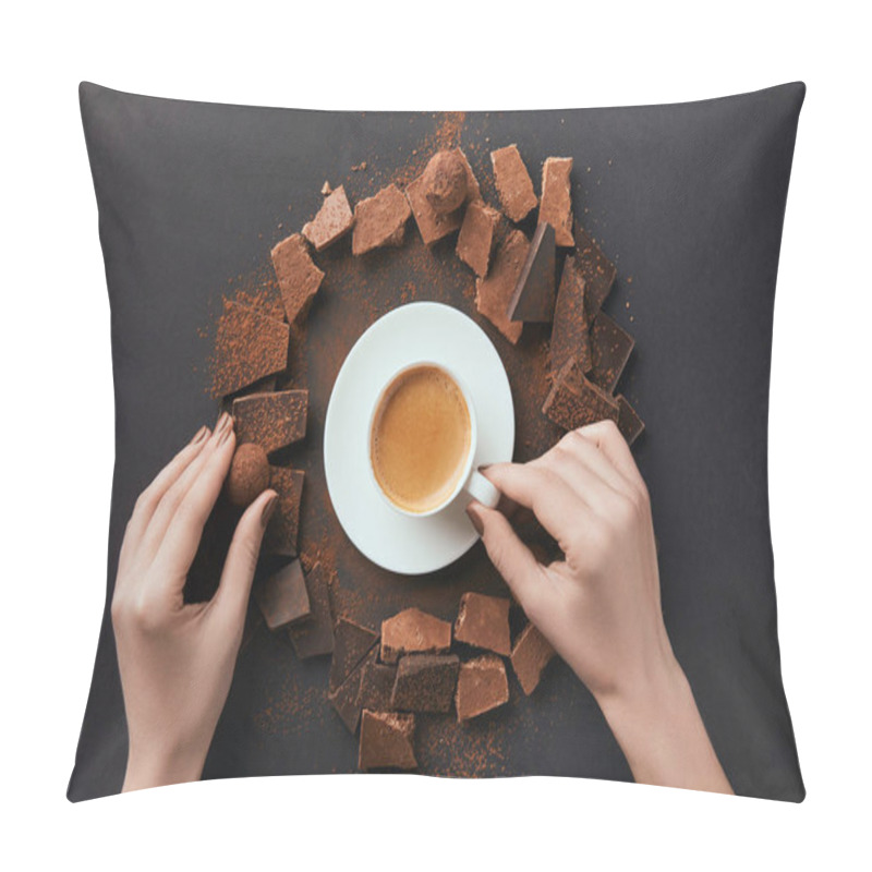 Personality  Cropped Shot Of Female Hands, Cup Of Coffee, Truffles And Chocolate On Grey Surface Pillow Covers