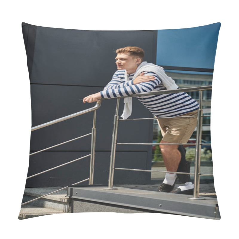 Personality  A Young Man Leans Casually Against A Railing, Showcasing His Prosthetic Leg While Enjoying The Day. Pillow Covers