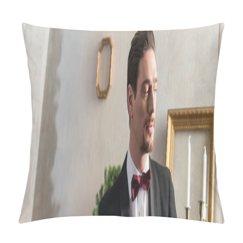 Personality  Wealthy Man In Formal Attire With Bow Tie Looking Away And Standing In Luxury Apartment, Banner Pillow Covers