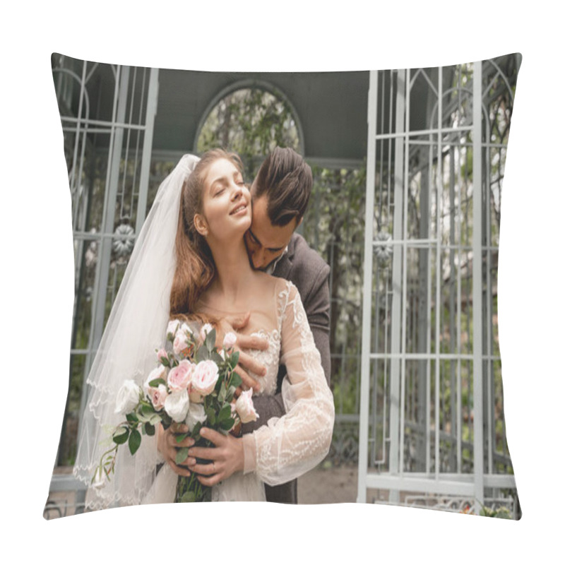 Personality  Young Man Kissing Neck Of Happy Bride Holding Wedding Bouquet In Park Pillow Covers