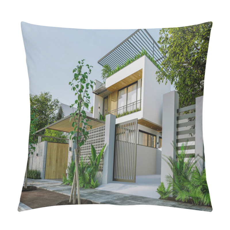 Personality  Gated Entrance To A Duplex Home With A Modern Exterior Design And Trees In The Front Of The House Pillow Covers