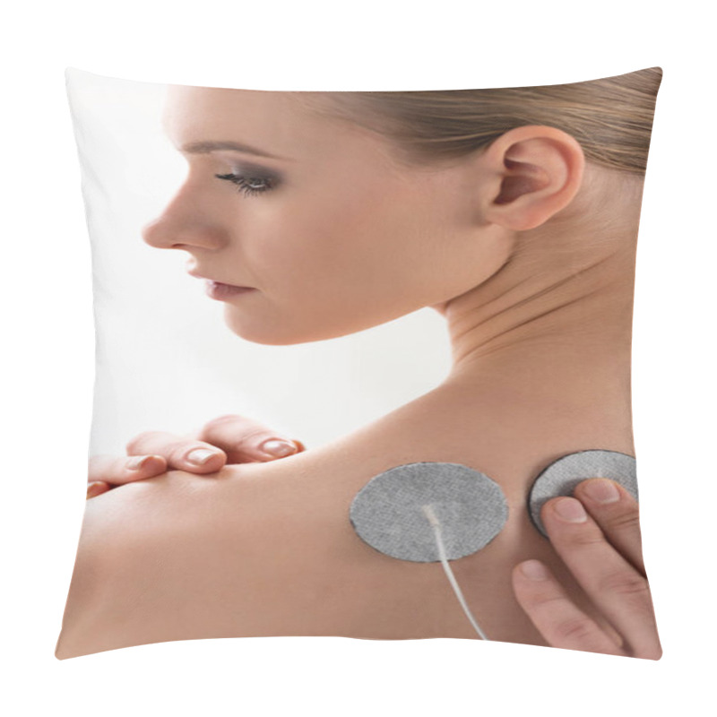 Personality  Doctor Fastening Electrode On Back Of Beautiful Woman Isolated On White Pillow Covers