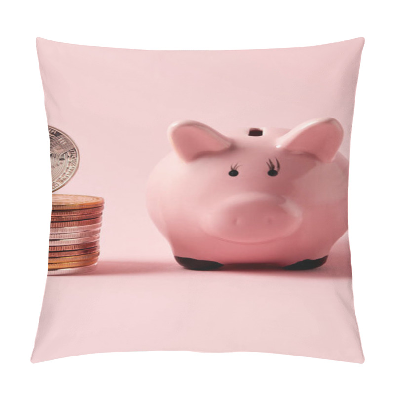 Personality  Close-up Shot Of Stack Of Bitcoins And Piggy Bank On Pink Tabletop Pillow Covers