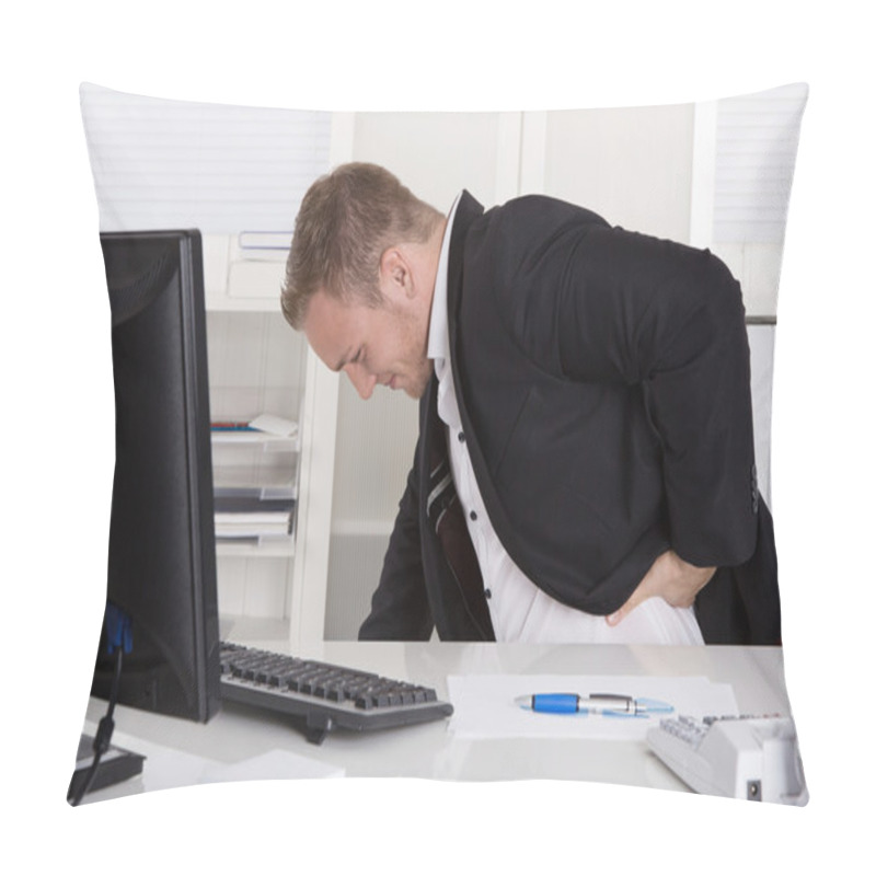 Personality  Businessman Sitting At Desk Having Pain At Back, Kidneys Or Musc Pillow Covers