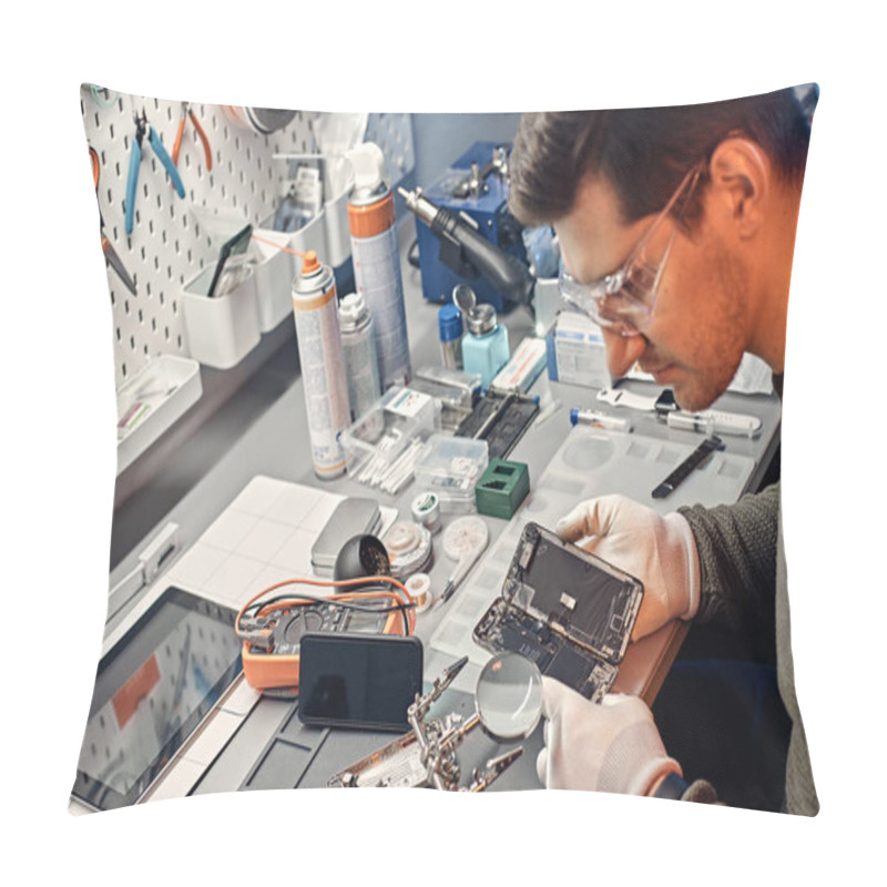 Personality  Technician Carefully Examines The Integrity Of The Internal Elements Of The Smartphone In A Modern Repair Shop Pillow Covers