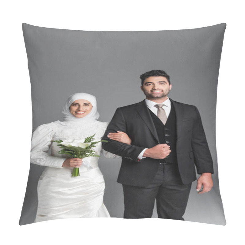 Personality  Portrait Of Happy Groom In Suit Standing Muslim Bride With Wedding Bouquet Of Calla Lily Flowers Isolated On Grey Pillow Covers