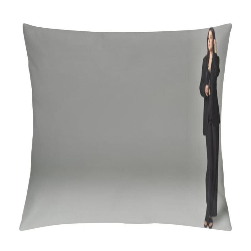 Personality  A Beautiful Plus Size Woman Standing Confidently In A Black Suit Against A Gray Backdrop, Exuding Elegance And Style. Pillow Covers