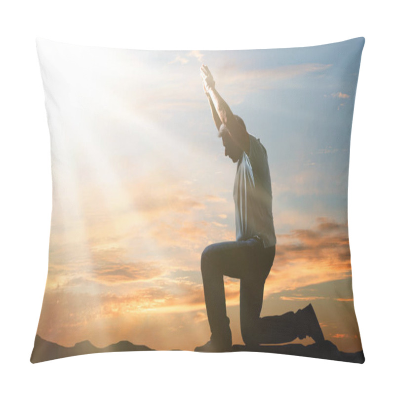 Personality  Side View Of A Man Kneeling And Praying Against Cloudy Sky At Sunset Pillow Covers