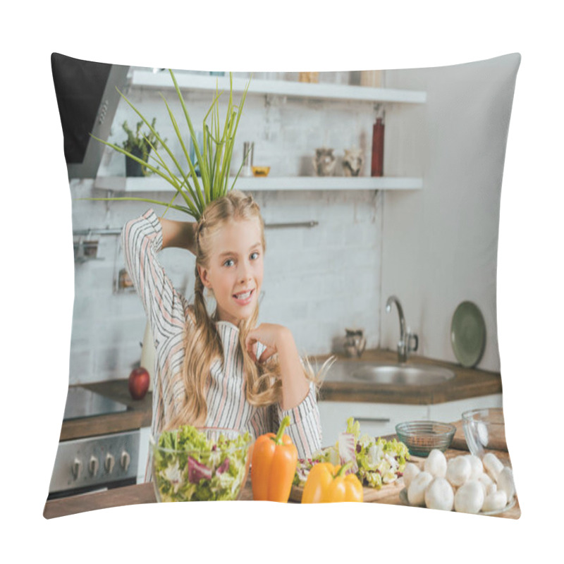 Personality  Smiling Little Child Holding Bunch Of Leek Behind Head While Making Salad At Kitchen And Looking At Camera Pillow Covers