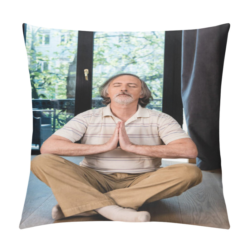 Personality  Relaxed Mature Man With Closed Eyes And Praying Hands Sitting In Lotus Pose  Pillow Covers